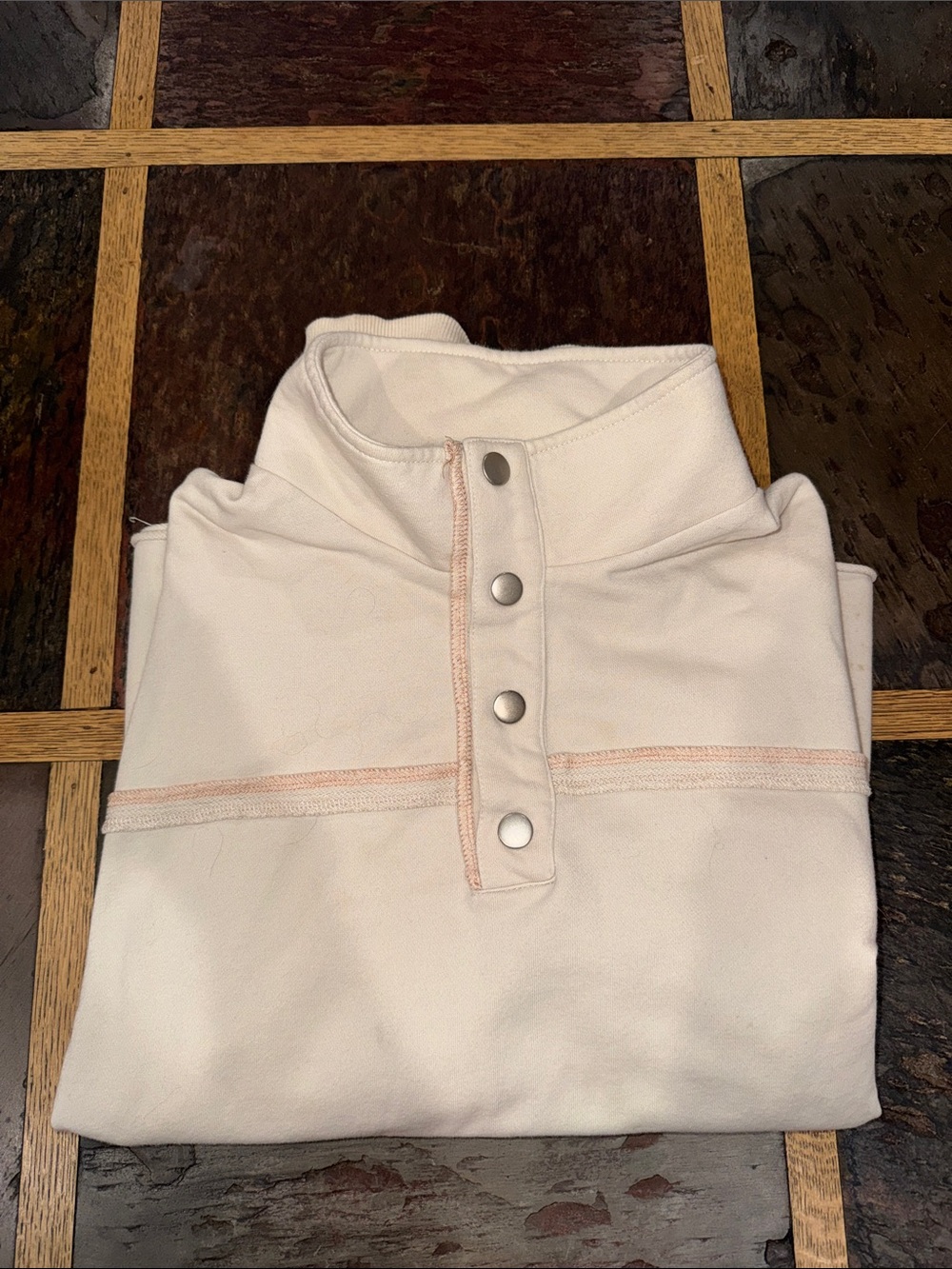 Hem & Thread Cream Pullover Snap-Button Sweater with Pink Stitching